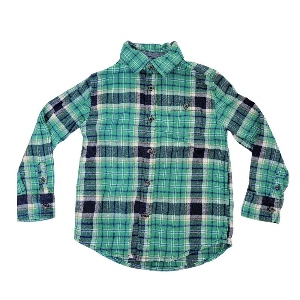 Gymboree boys plaid button down flannel shirt green 4T  XS